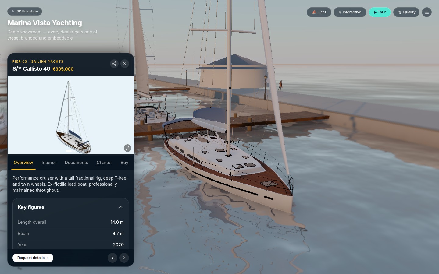 A charter sailing yacht moored in the 3D marina with its specs card open