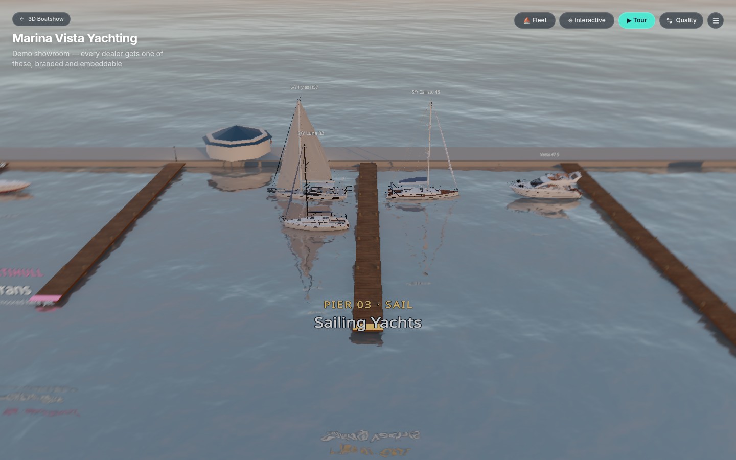 A 3D marina with boats moored along several named piers