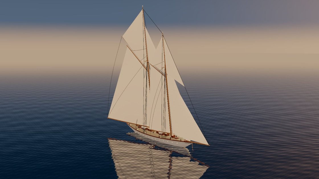 Meteor IV under full sail at dusk, rendered in 3D from her 1909 lines plans